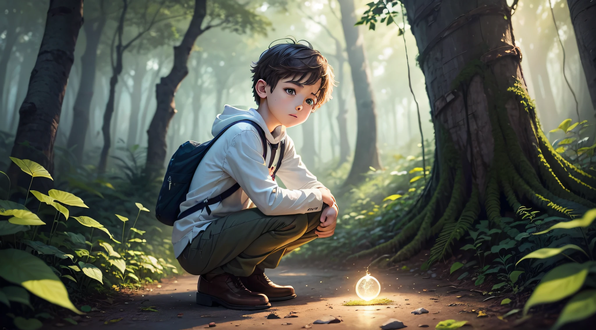 Desenhe uma imagem de Liam, um menininho de 5 anos com cabelos castanhos e olhos brilhantes, explorando a Floresta das Maravilhas em um dia ensolarado. He's crouched down., Looking in surprise at a colorful magic stone that glows brightly on the ground in front of him. Birds sing in the surrounding trees, and butterflies dance in the air.
