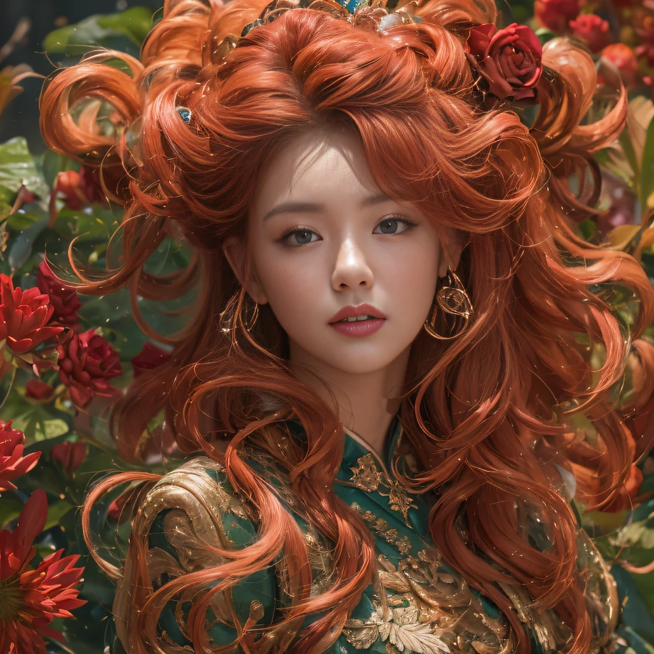 32K(tmasterpiece,k hd,hyper HD,32K)curlies,Flowing rouge,ponds,zydink, a color, Liaoning people (Silly girl), (Silk scarf), Combat posture, looking at the ground, Flowing rouge curls,Green emerald tiara, Chinese long-sleeved rose gold garment, (abstract ink splash:1.2), Pink lotus background,Water lily flower protector(realisticlying:1.4),Rouge hair,Autumn is in full swing,The background is pure, A high resolution, the detail, RAW photogr, Sharp Re, Nikon D850 Film Stock Photo by Jefferies Lee 4 Kodak Portra 400 Camera F1.6 shots, Rich colors, ultra-realistic vivid textures, Dramatic lighting, Unreal Engine Art Station Trend, cinestir 800,Large curls,Flowing rouge