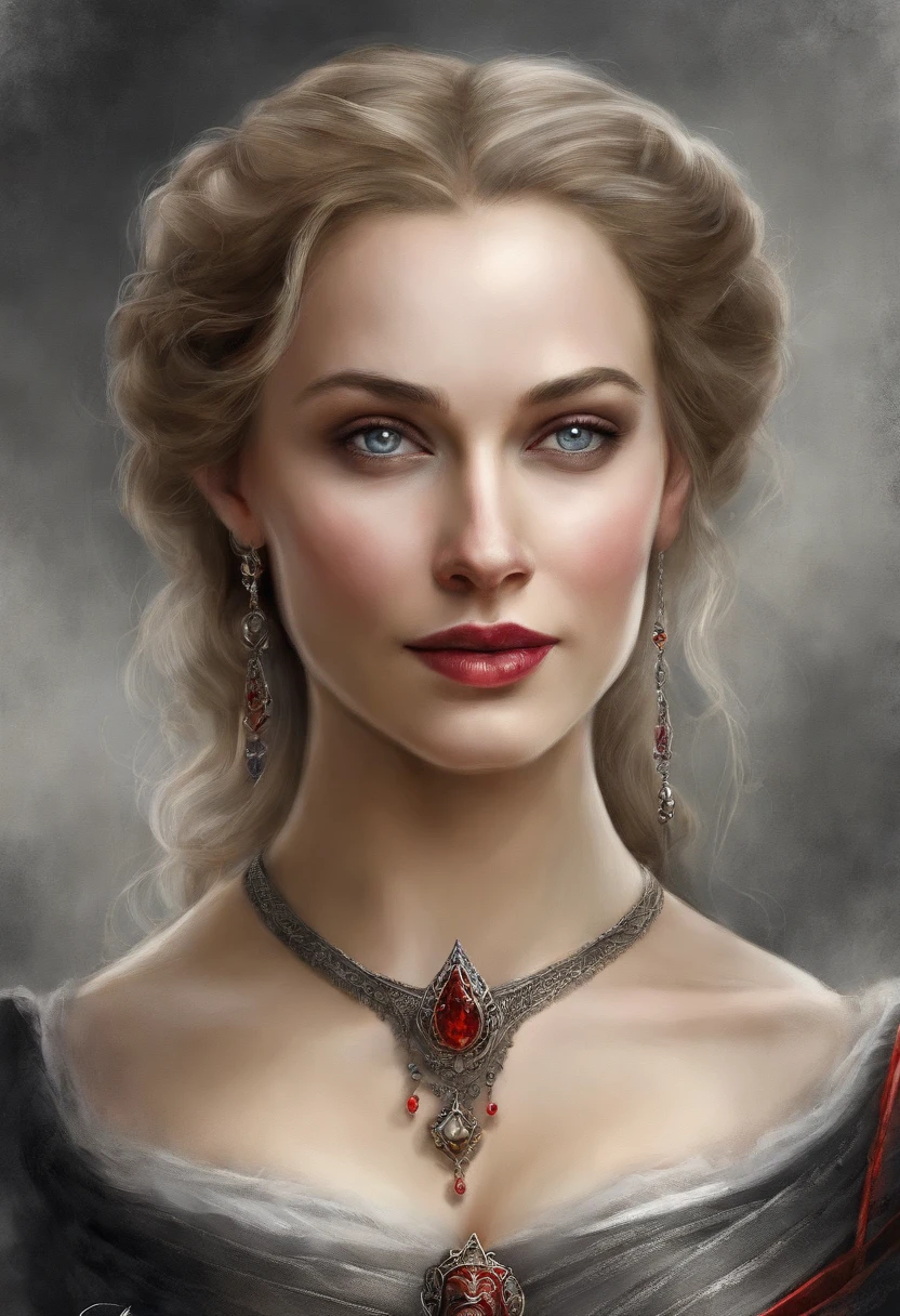 Portrait of a very beautiful medieval young woman Mirena from the film Dracula Untold (2014), feminine image of Mirena from the film Dracula Untold (2014), very beautiful and slender face of Sarah Gadon, long blond thick hair, her hair shimmers with gold, she wears a beautiful medieval European outfit , white linen shirt with elbow sleeves, dark gray and tight corset, low and wide red leather belt around her waist from Dracula Untold (2014), blue eyes, dark gray shadows on her eyelids, long black thick eyelashes, accentuated cheekbones, beautiful sensual red lips, around the 15th century, the Middle Ages, this woman is twenty-six years old -