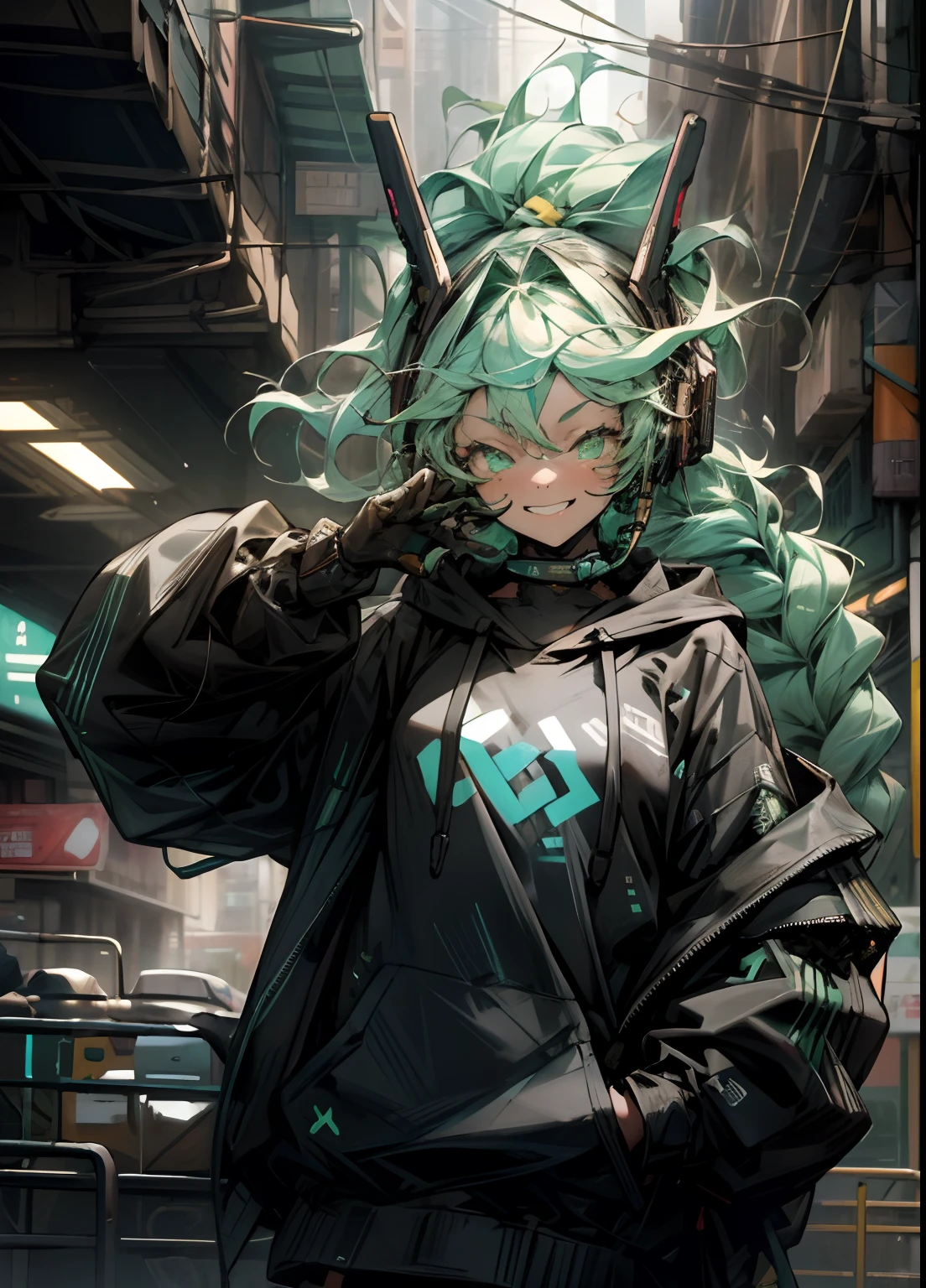 masterpiece,1girl, happy face, long messy green hair with braids, futuristic glowing headphone, solo, cool pose, hoodie, off shoulder, street, black cool jacket, A black hoodie,Cyberpunk style of cat-type people,Cyan with a digital cyberpunk anime style。