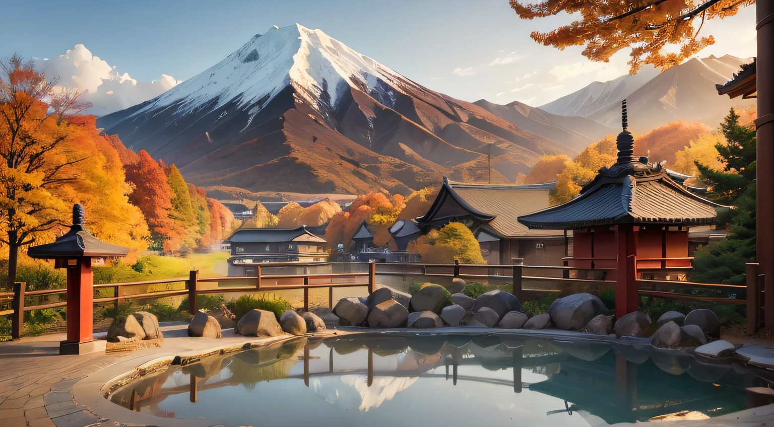 A japanese hot spring resort with mountain view in distance and leaves falling into air, hot spring, clear water, wallpaper, printable