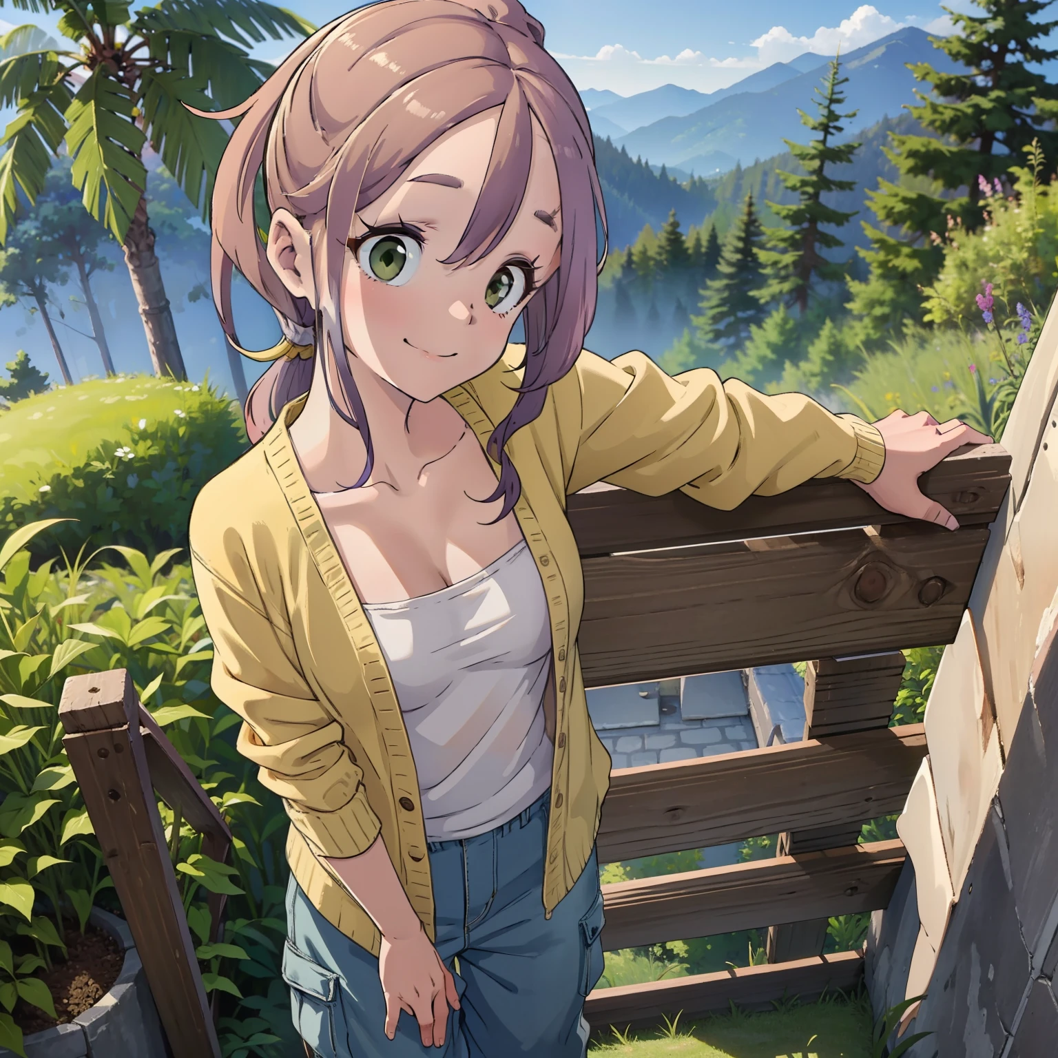 best quality, masterpiece, (leaning over:1.4), 1girl, open clothes, cleavage, small breasts, topknot, breasts apart, seductive smile, pants, undressing, (blush:1.1), forest