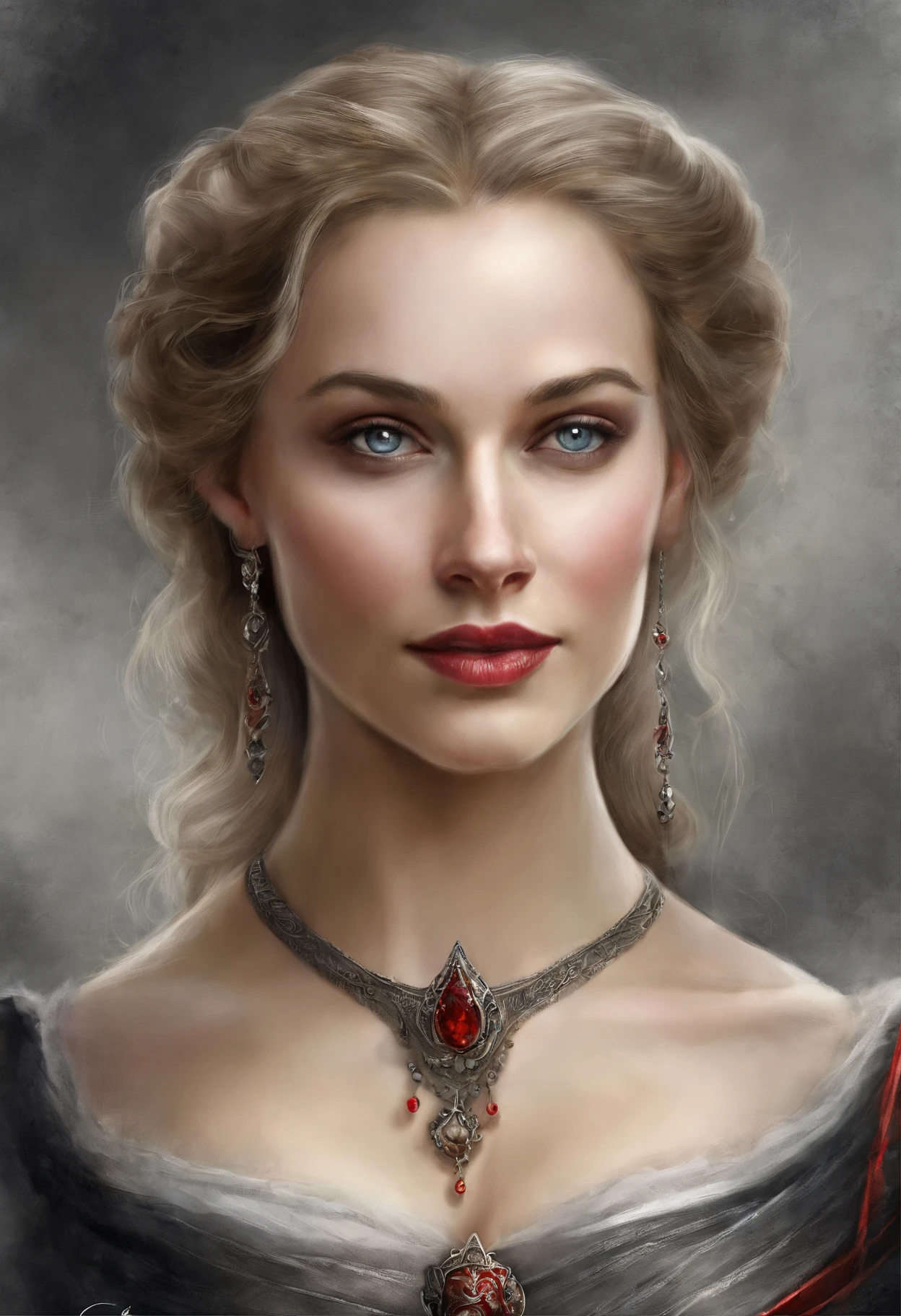 Portrait of a very beautiful medieval young woman Mirena from the film Dracula Untold (2014), feminine image of Mirena from the film Dracula Untold (2014), very beautiful and slender face of Sarah Gadon, long blond thick hair, her hair shimmers with gold, she wears a beautiful medieval European outfit , white linen shirt with elbow sleeves, dark gray and tight corset, low and wide red leather belt around her waist from Dracula Untold (2014), blue eyes, dark gray shadows on her eyelids, long black thick eyelashes, accentuated cheekbones, beautiful sensual red lips, around the 15th century, the Middle Ages, this woman is twenty-six years old -