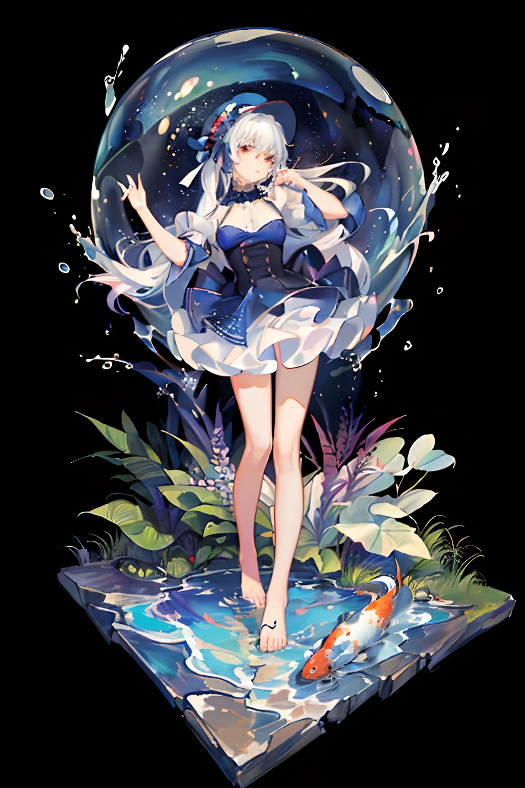 [(Transparent background: 1.5)::5],(((Masterpiece)))),(((Highest image quality))),((((Ultra)),Illustration,1 woman,Solo,Mysterious,Vivid color,Glossy,Underwater transparent sealed hemispherical glass dome, White hair, Red eye, Full body, Barefoot, Long hair, Quiet nature, Koi, Underwater, Dome, Close-up, Dynamic action, Lens perspective, (((Box configuration)))), Sitting Cross - Leaning against a bookcase, (arm + hand + thumb + 4 fingers), (Impressionist: 1.4), Vincent van Gogh