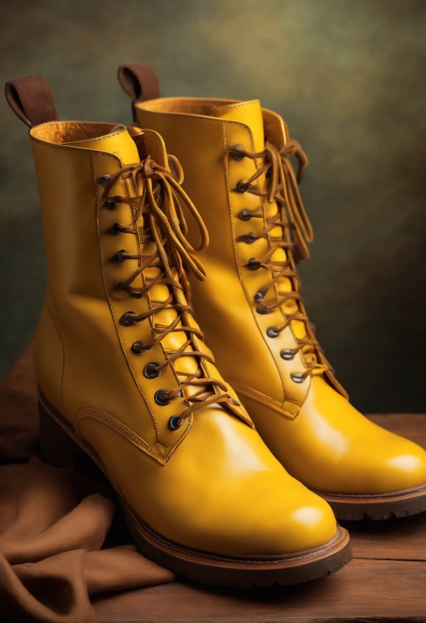 a pair of yellow boots with brown straps and a yellow background.