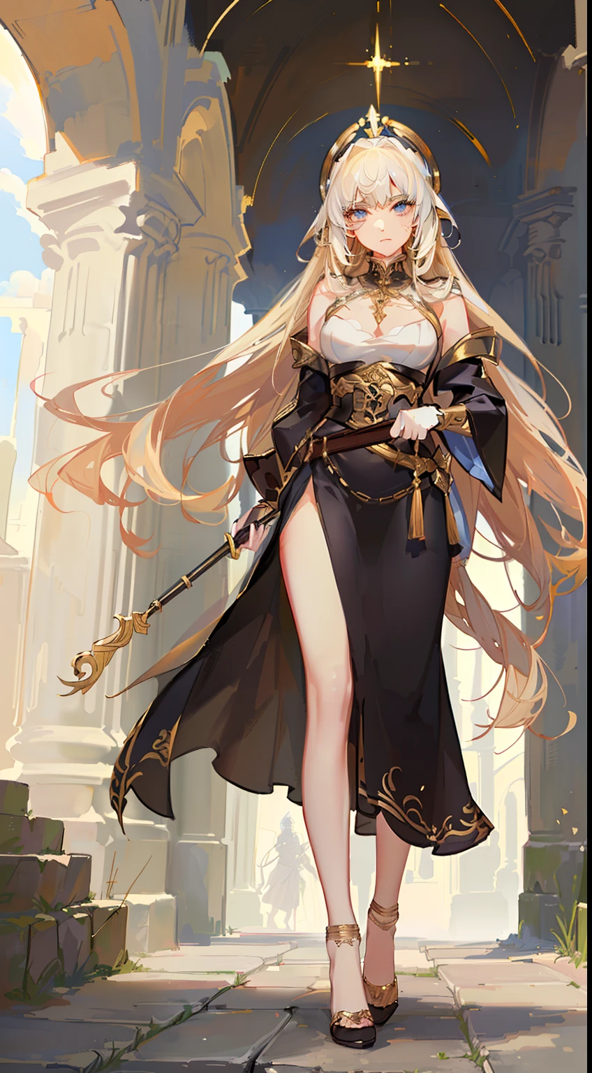 Goddess Athena Pallas wearing a Corinthian helmet and armed with a spear, gorgeous athletic Mediterranean brunette woman in the style of Hellenistic art and neoclassical influences, divine beauty and wisdom, white blue, and gold, in front of a temple in above a city, Watercolor with ink pen outline
