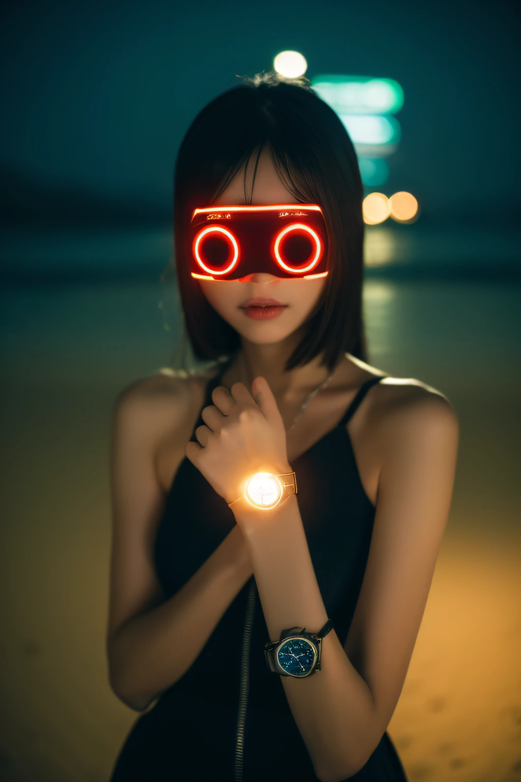 Cyber Girl embedded in an old watch、Light-emitting diode、Hi-Tech、zori、Film Style、Electric Mask、beach