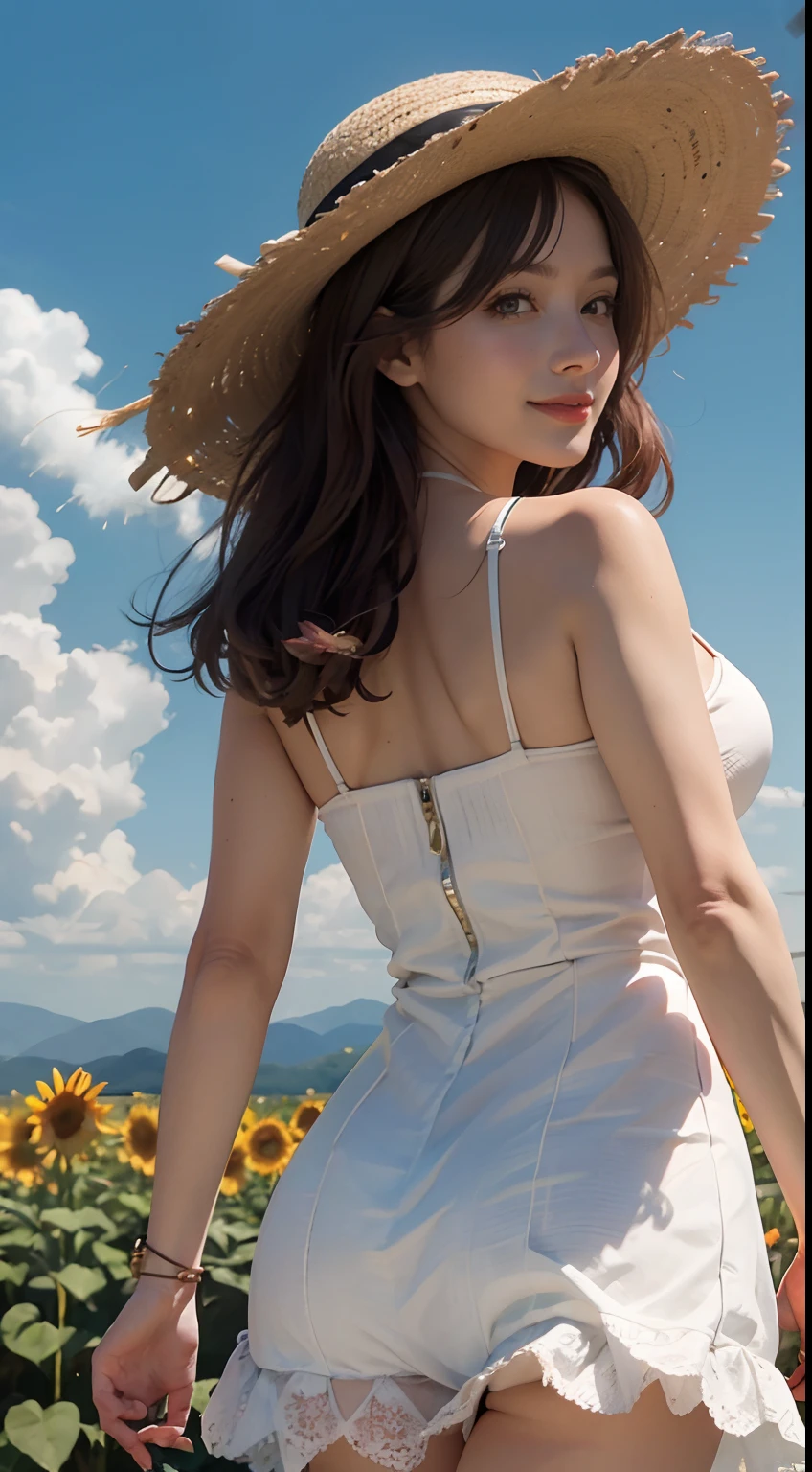 8k, masterpiece, RAW photo, The best quality, detail:1.2), photorealistic, Extremely detailed 8k unified CG wallpapers, depth of field, cinematic light, Lens flare, ray tracing, (extremely beautiful face, Beautiful lips, beautiful eyes), Cara de detail intrincado, ((ultra detailed skin)) 1girll, deep shadow, Pretty Korean girl, Kpop idol,(Very lean and lean muscular body:1.3), (big smile), Pretty Korean girl, earrings, bracelet, collar, light eyes, andante, (Pale skin), Face forward, (large eyes), NSFW, (sexy short dress, heels), ((sexy short dress, heels)), ((background in a field with mountains behind)), ((Standing full body shot)), Go back, (((rear shot)))