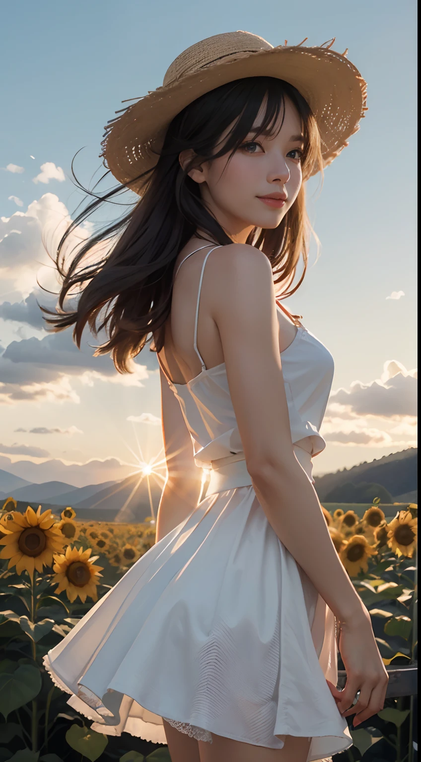 Unbeatable masterpiece, Ultra photo realsisim, Perfect artwork, Intricate details, Best quality, Strong light,High contrast,  Sunflower field , cute kawaii girls ,(Sweat:0.5) , arms back behind , White knee-length camisole dress , Straw hat , Smile,Strong light , Sunlight , Wind , Summer sky ,incoming , Attack , Magic effects , Fireworks .light bloom , Lens flare , (far from viewer:1.1), High quality , Best , high resolution , best qualtiy , Award-Awarded , Highly detailed .ultra extreme details , Masterpiece ,