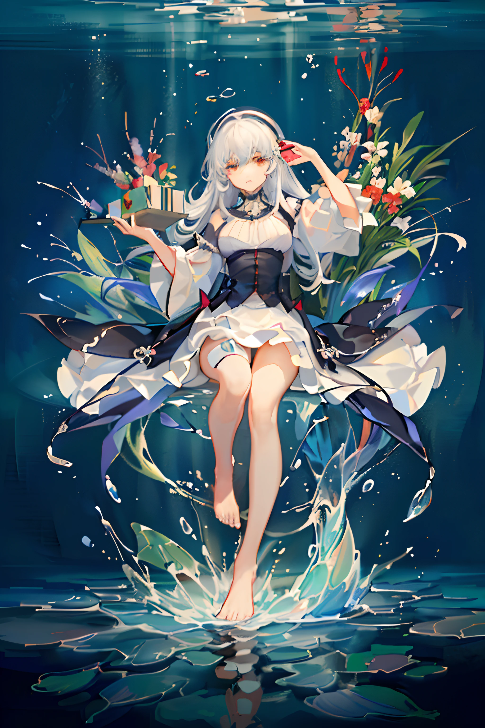 [(Transparent background: 1.5)::5],(((Masterpiece)))),(((Highest image quality))),((((Ultra)),Illustration,1 woman,Solo,Mysterious,Vivid color,Glossy,Underwater transparent sealed hemispherical glass dome, White hair, Red eye, Full body, Barefoot, Long hair, Quiet nature, Koi, Underwater, Dome, Close-up, Dynamic action, Lens perspective, (((Box configuration)))), Sitting Cross - Leaning against a bookcase, (arm + hand + thumb + 4 fingers), (Impressionist: 1.4), Vincent van Gogh