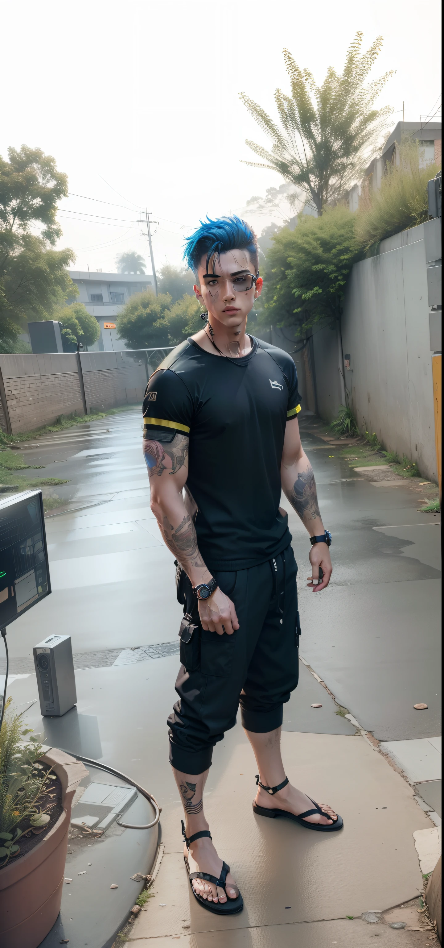 male character, blue curly hair, with breastplate, blue Nike pants, Nike sneakers, a tattoo on the arm