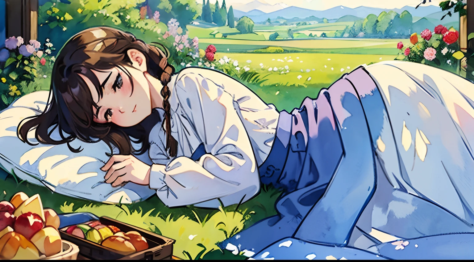 (Watercolor in Sargent style)、(top-quality、masterpiece)、Soft light、View of the Cotswolds,Old farmhouse、rivulets、flower bloom、One lady、dark brown hair、Braided hair、White blouse and long skirt、picnic、Take a nap、