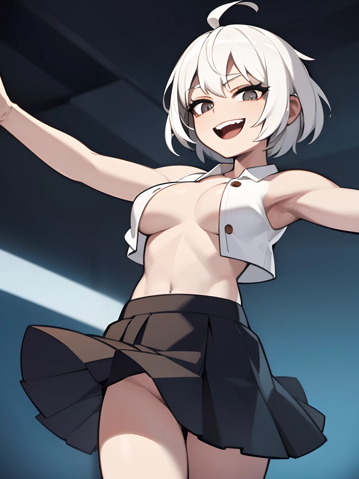 ((masterpiece, best quality)), (1girl), (solo), (female focus), (ahoge, white hair, short hair), black eyes, light smile, open mouth, ((no shirt), (naked), (button gap)), ((black skirt), (short skirt)), standing, white background, arms behind back, dynamic angle, Pantyhose, no shirt. Naked