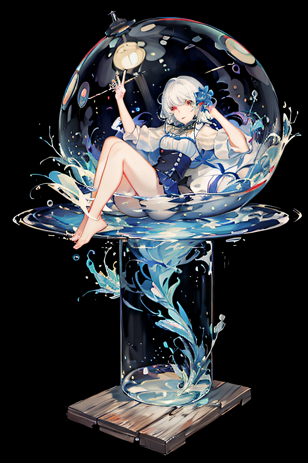 [(Transparent background: 1.5)::5],(((Masterpiece)))),(((Highest image quality))),((((Ultra)),Illustration,1 woman,Solo,Mysterious,Vivid color,Glossy,Underwater transparent sealed hemispherical glass dome, White hair, Red eye, Full body, Barefoot, Long hair, Quiet nature, Koi, Underwater, Dome, Close-up, Dynamic action, Lens perspective, (((Box configuration)))), Sitting Cross - Leaning against a bookcase, (arm + hand + thumb + 4 fingers), (Impressionist: 1.4), Vincent van Gogh