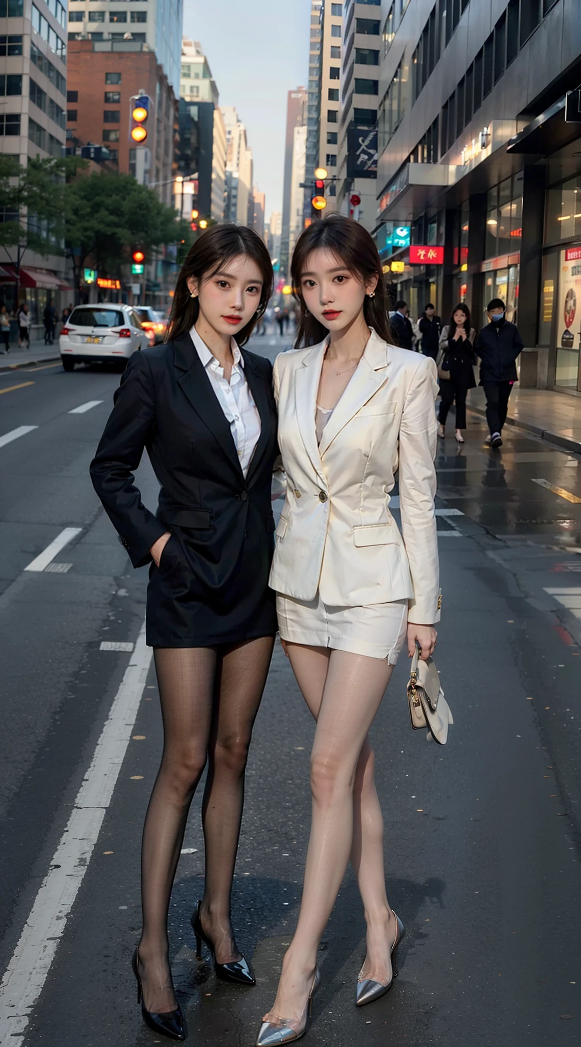 Single ball head,Heavy makeup,Ultra-fine heel,Transparent colorless flesh silk pantyhose,ear studs,Long legs,8K,On the street,In the daytime,Suits,the night,Rainbow,Two women