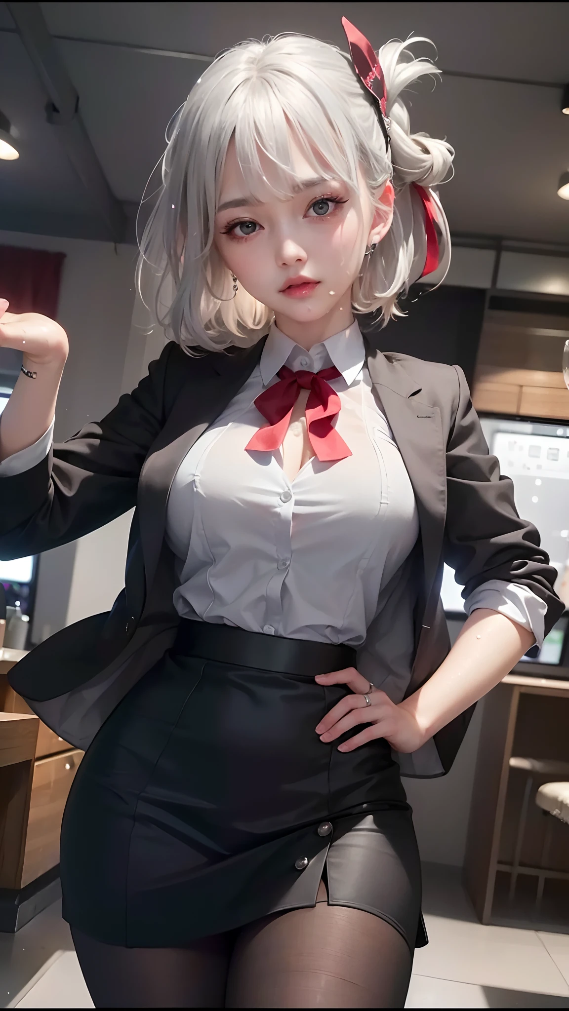 best quality, ultra high res, (photorealistic:1.4), 8k resolution, girl, (silver hair:1.3), (realistic hair:1.2), (Korean girl:1.2), (realistic eyes:1.2), (beauty face:1.3), perfect body, white pale skin, big breast, cleavage, , (eyes looked up:1.3), (wet body and thong:1.2),