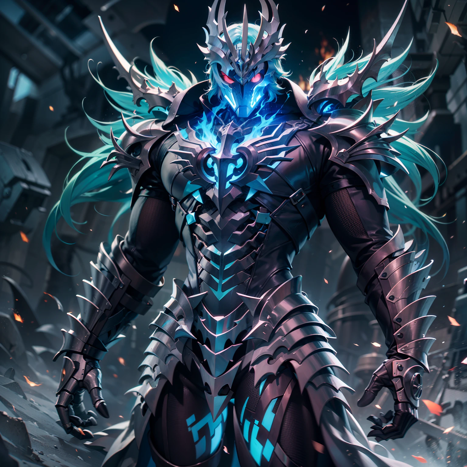 （Highest quality 8k wallpapers），The strongest Frost Dragon Kamen Rider（Hyper-detailing），The king who rules the Grim Reaper，Master of martial arts，blue color eyes，（Burning fur coat），Pubic hair shows through（Mechanical skeleton），（the detail：1.2），Side Body，Mechanical details：1.2，Majesty，Domineering，The dark world，Dark series