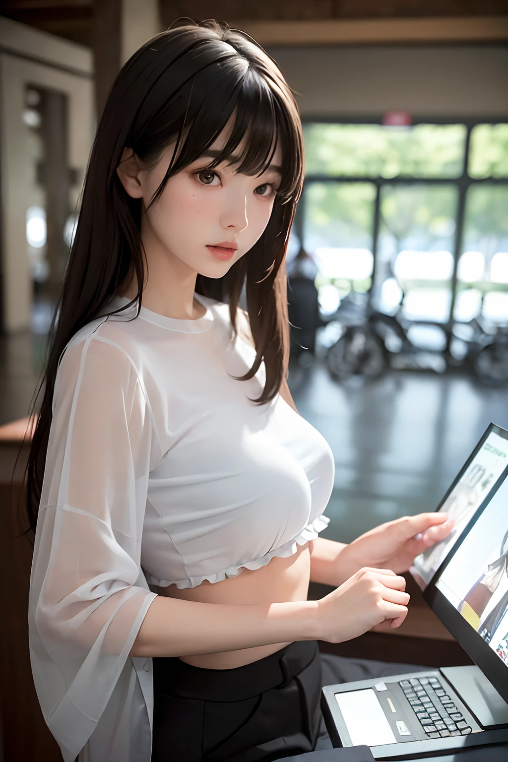 masterpiece、best qualtiy、(Dark photograph: 1.3)、Photorealsitic、1girl in、flat bangs、Stunning innocent symmetrical face、The shirt、emotional、Orchan、(pureerosface_v1:0.7)、Colossal tits、atlibrary、Studying
