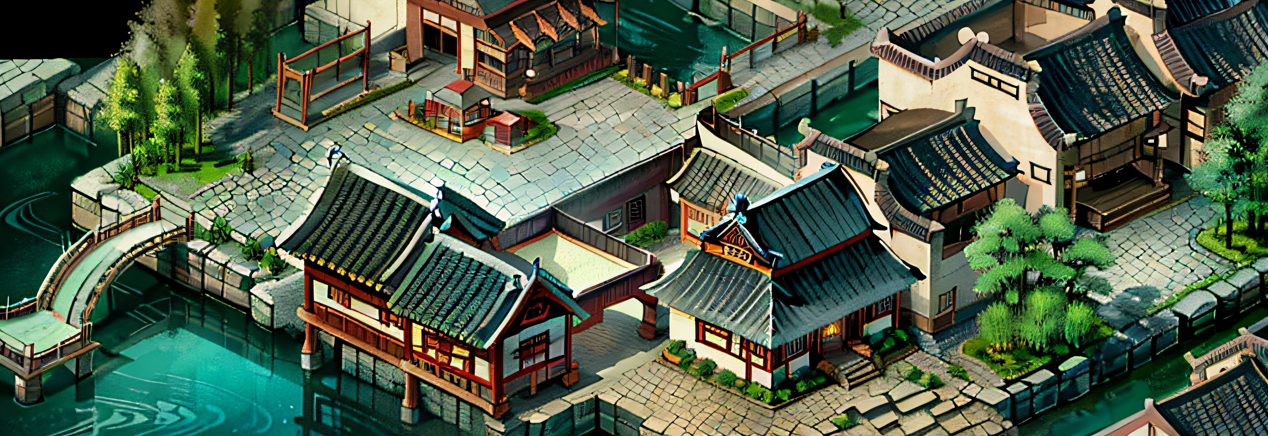 A close-up of a town with a lot of buildings, Chinese village, Beautiful rendering of the Tang Dynasty, old asian village, inspired by Dong Yuan, inspired by Zhang Sengyao, ancient city landscape, dreamy Chinese towns, isometric game asset, isometric game art