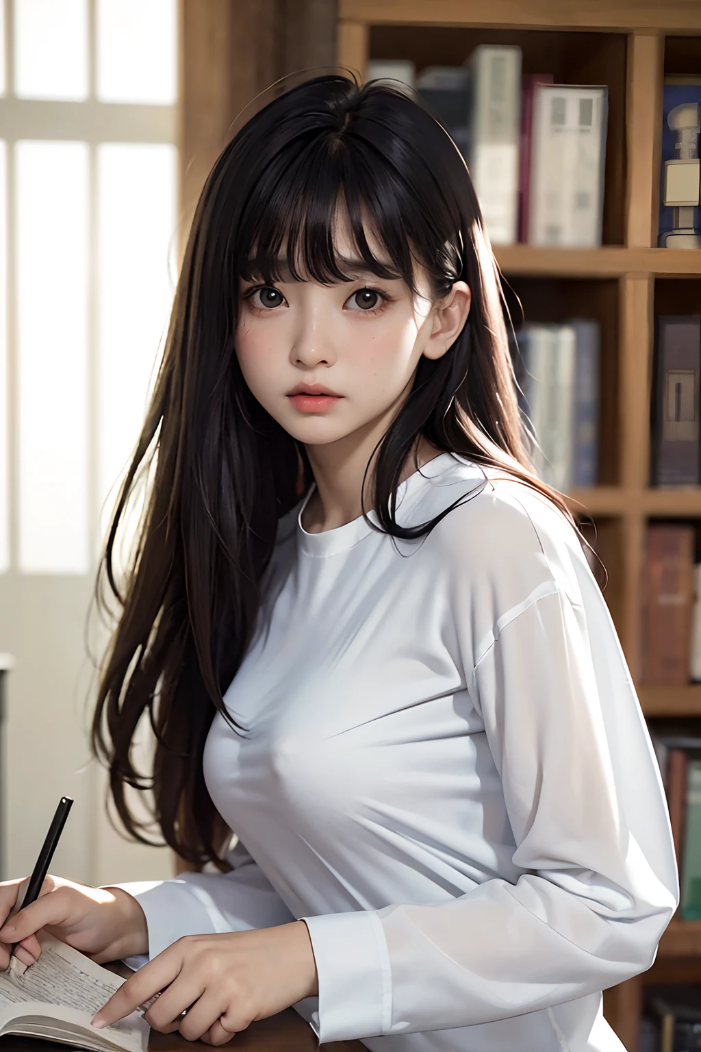 masterpiece、best qualtiy、(Dark photograph: 1.3)、Photorealsitic、1girl in、flat bangs、Stunning innocent symmetrical face、The shirt、emotional、Orchan、(pureerosface_v1:0.7)、Colossal tits、atlibrary、Studying