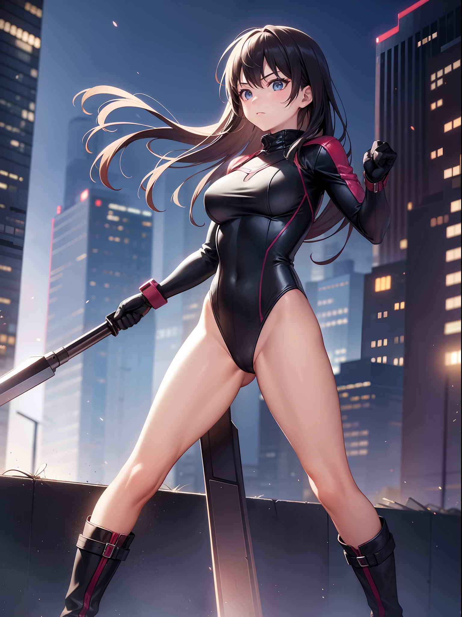 1 woman, solo, superhero, leotard, bare legs, boots, gloves, full body, standing, city backdrop, depth of field, cowboy shot, Aura, particles, age 21, heroic