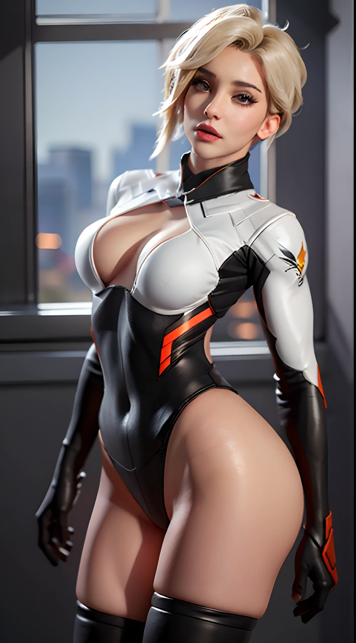 photorealistic, high resolution, 1women, mature female, solo, hips up, mercy, bodysuit,short hair, hair tie,