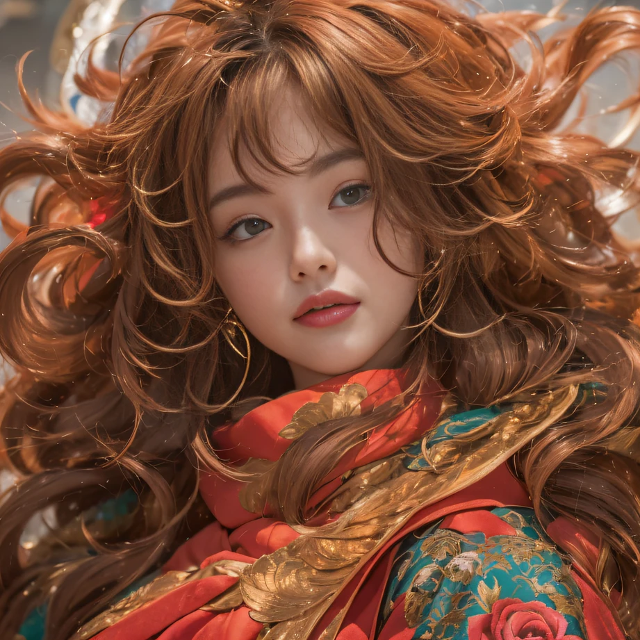 32K（tmasterpiece，k hd，hyper HD，32K）curlies，Flowing rouge，ponds，zydink， a color，  Liaoning people （Charming girl）， （Indigo scarf）， Combat posture， looking at the ground，  Flowing rouge curls，Green emerald tiara， Chinese long-sleeved rose gold garment， （Abstract gouache splash：1.2）， Pink lotus background，Water lily flower protector（realisticlying：1.4），Rouge hair，Autumn is in full swing，The background is pure， A high resolution， the detail， RAW photogr， Sharp Re， Nikon D850 Film Stock Photo by Jefferies Lee 4 Kodak Portra 400 Camera F1.6 shots, Rich colors, ultra-realistic vivid textures, Dramatic lighting, Unreal Engine Art Station Trend, cinestir 800，Large curls，Flowing rouge