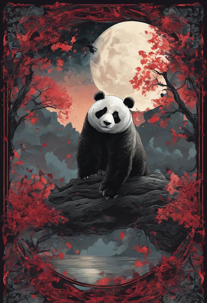 cielo estrellado con nubes arboles luna de colores calidos con un oso panda rojo marron de protagonista