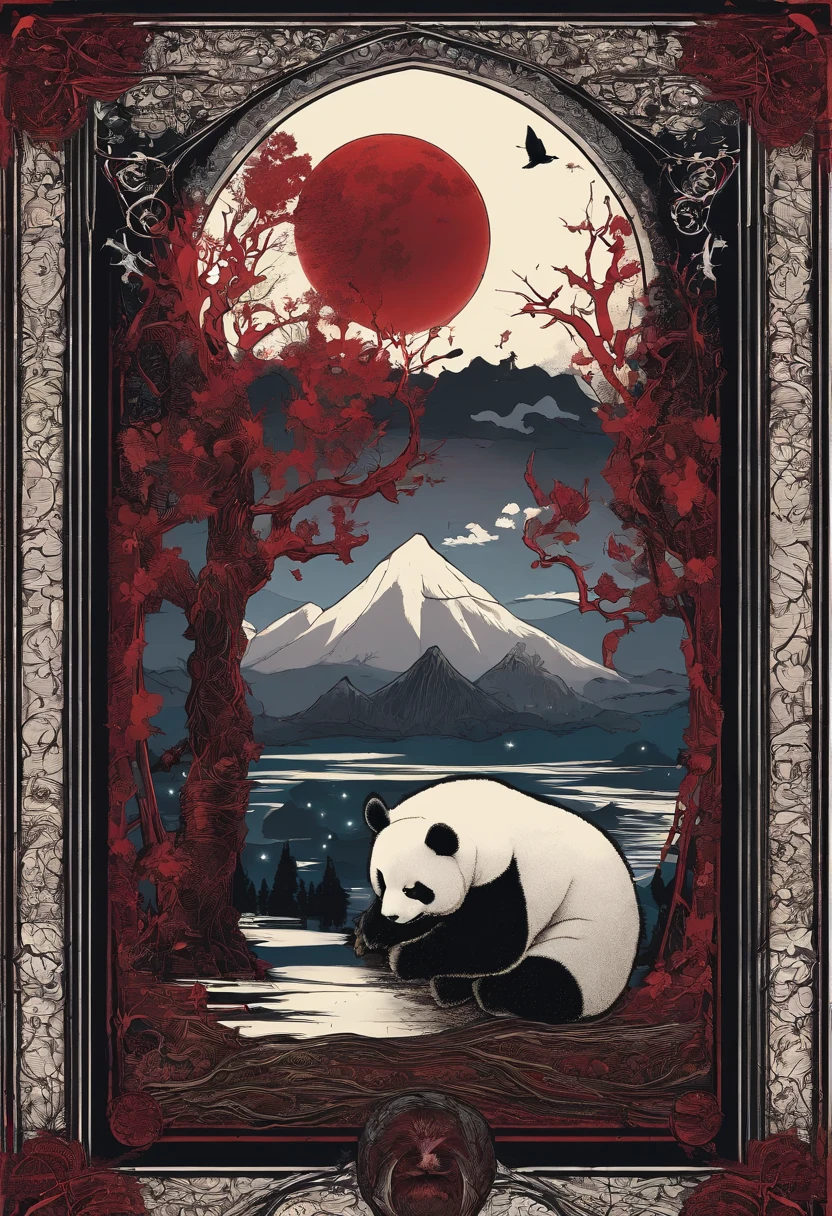 cielo estrellado con nubes arboles luna de colores calidos con un oso panda rojo marron de protagonista