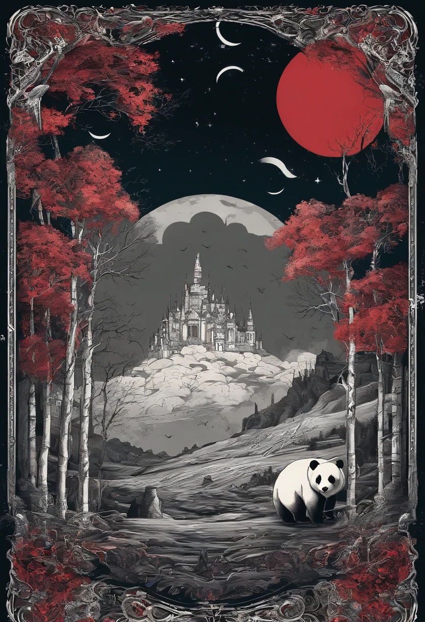cielo estrellado con nubes arboles luna de colores calidos con un oso panda rojo marron de protagonista