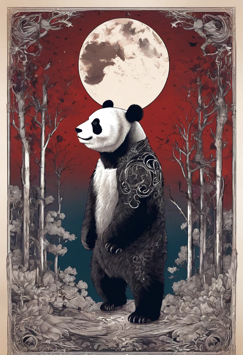 cielo estrellado con nubes arboles luna de colores calidos con un oso panda rojo marron de protagonista