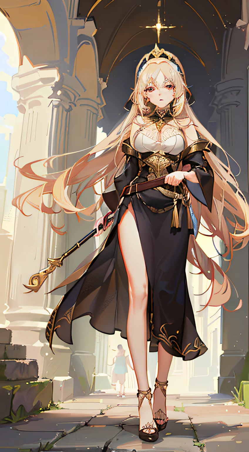 Goddess Athena Pallas wearing a Corinthian helmet and armed with a spear, gorgeous athletic Mediterranean brunette woman in the style of Hellenistic art and neoclassical influences, divine beauty and wisdom, white blue, and gold, in front of a temple in above a city, Watercolor with ink pen outline