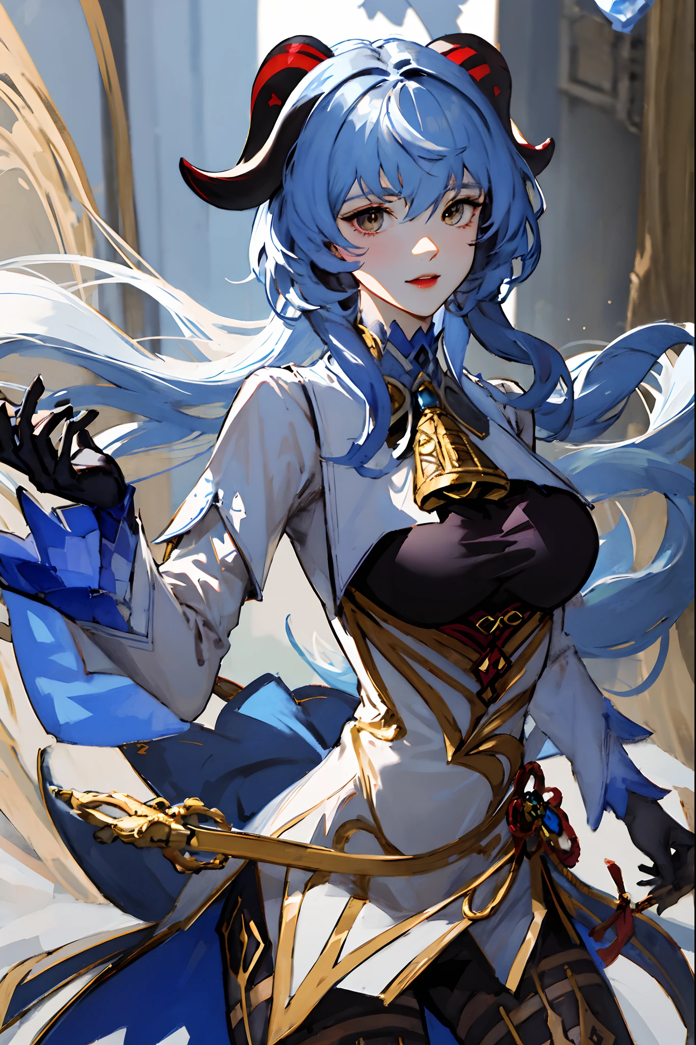 (masterpiece:1.2, best quality), (real picture, intricate details), (1lady, solo, half body shot, modest tits)
Clothes: male butler suit, female, cowbell necklace, black gloves
Appearance: ganyu \(genshin impact\), twin horns, anatomy details
Values: individuality, authenticity, creative expression
Inspirations: piano music, victorian icons, steampunk
Personality traits: bold, daring, friendly.