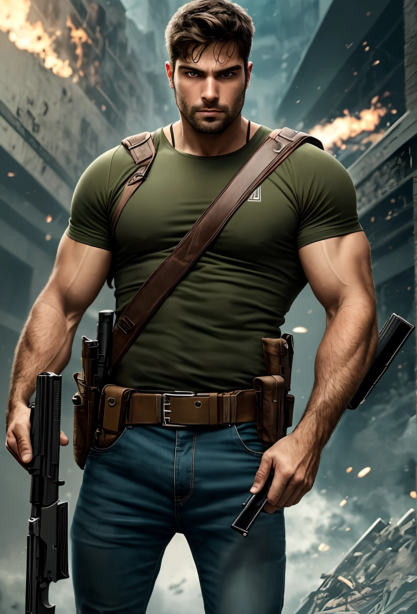 A heroic man holding a gun