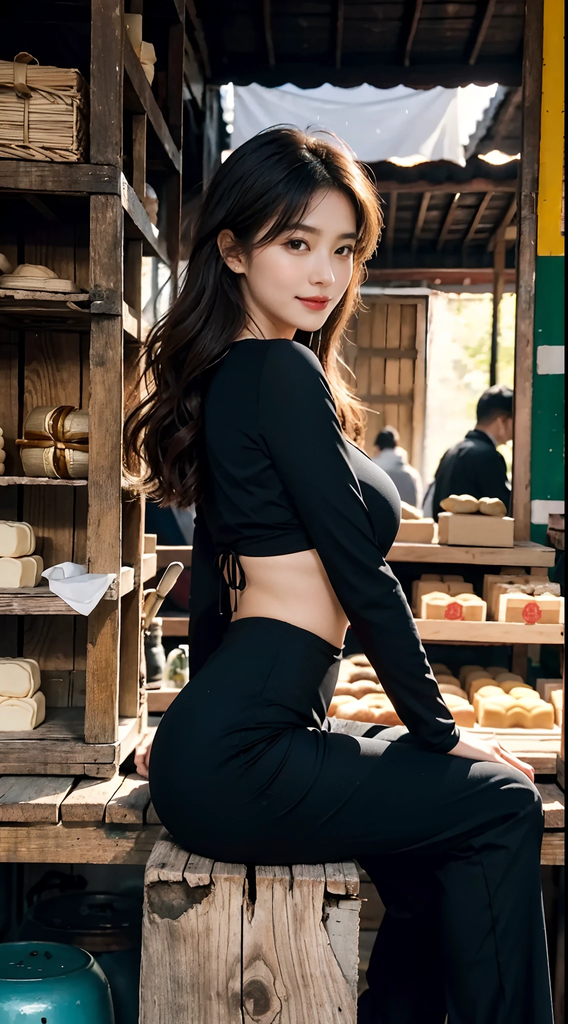 ((huge underboob)), fluffy straigh hair,Hair draped loose，（Extremely meticulous CG 8k wallpaper），（Extremely refined and beautiful），（Masterpiece），（best qualtiy：1.0），（Ultra High Resolution：1.0），beautiful light up，Perfect lightning，realistic shaded，[A high resolution]，Smooth and flawless fair skin，Extremely exquisite facial details，（perfect body：1.1），ultra - detailed，A beautiful girl，a seller，small head，(huge breasts:1.1)，towering chests，plump figure，slender waist，huge hips，Smile，cheerfulness，（Maxi black long sleeved dress:1.1），bare back，Black yoga pants，White sandals，Summer，midday, in shade，at a crude and dilapidated market，In the shed，Sitting on a chair behind A stall selling mooncakes，many mooncakes piled up like mountains on the stall，Close Shot，Surrounded by a crowded crowd