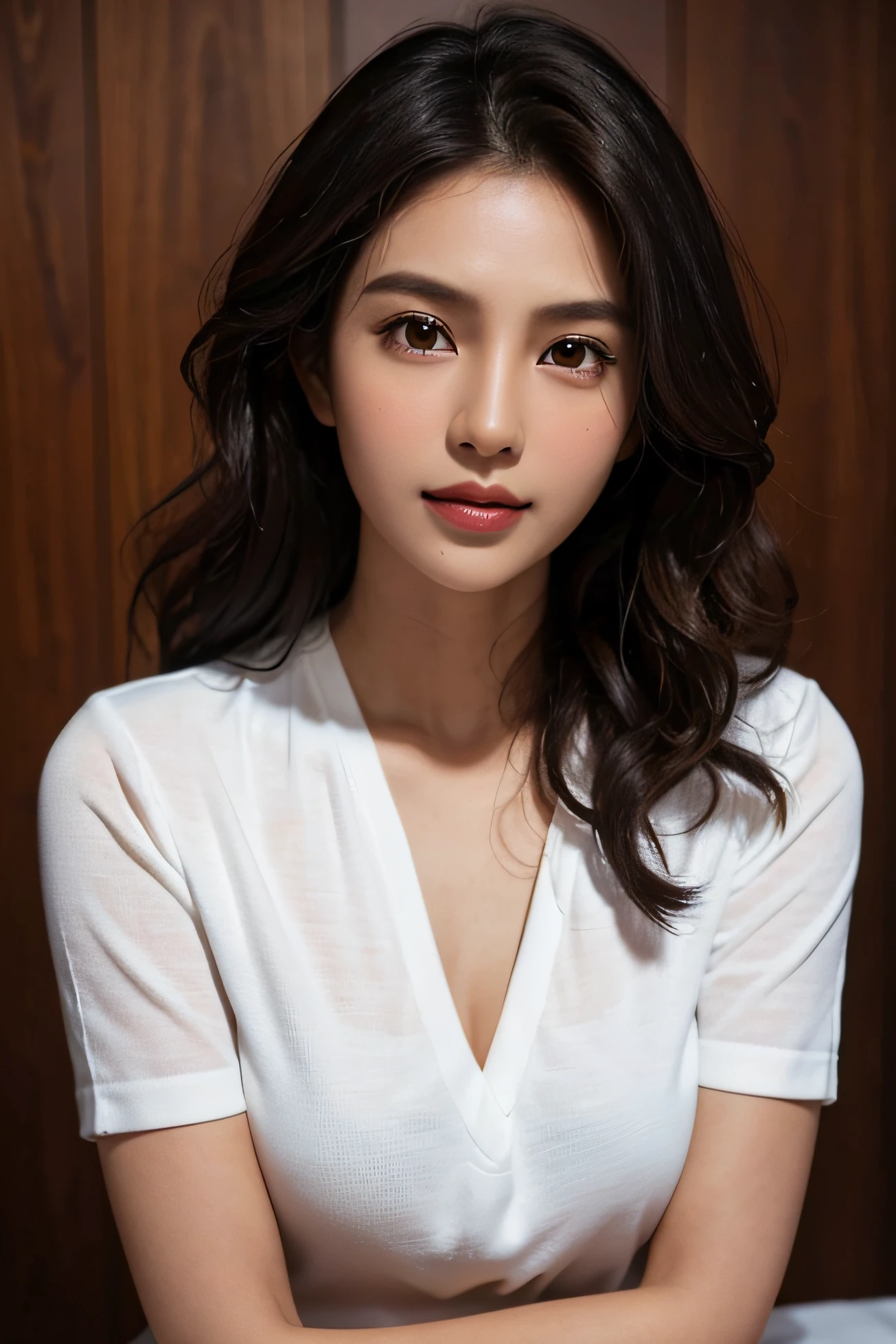 half-body pose,middle aged,malaysian,lady,dark skin tone,front pose, no leaning, business attire,textured,detailed eyes,detailed lips,curly hair,natural makeup,confident expression,wisdom,brown eyes,professional pose,bright lighting,white background,vibrant colors, for passport, arms on the side