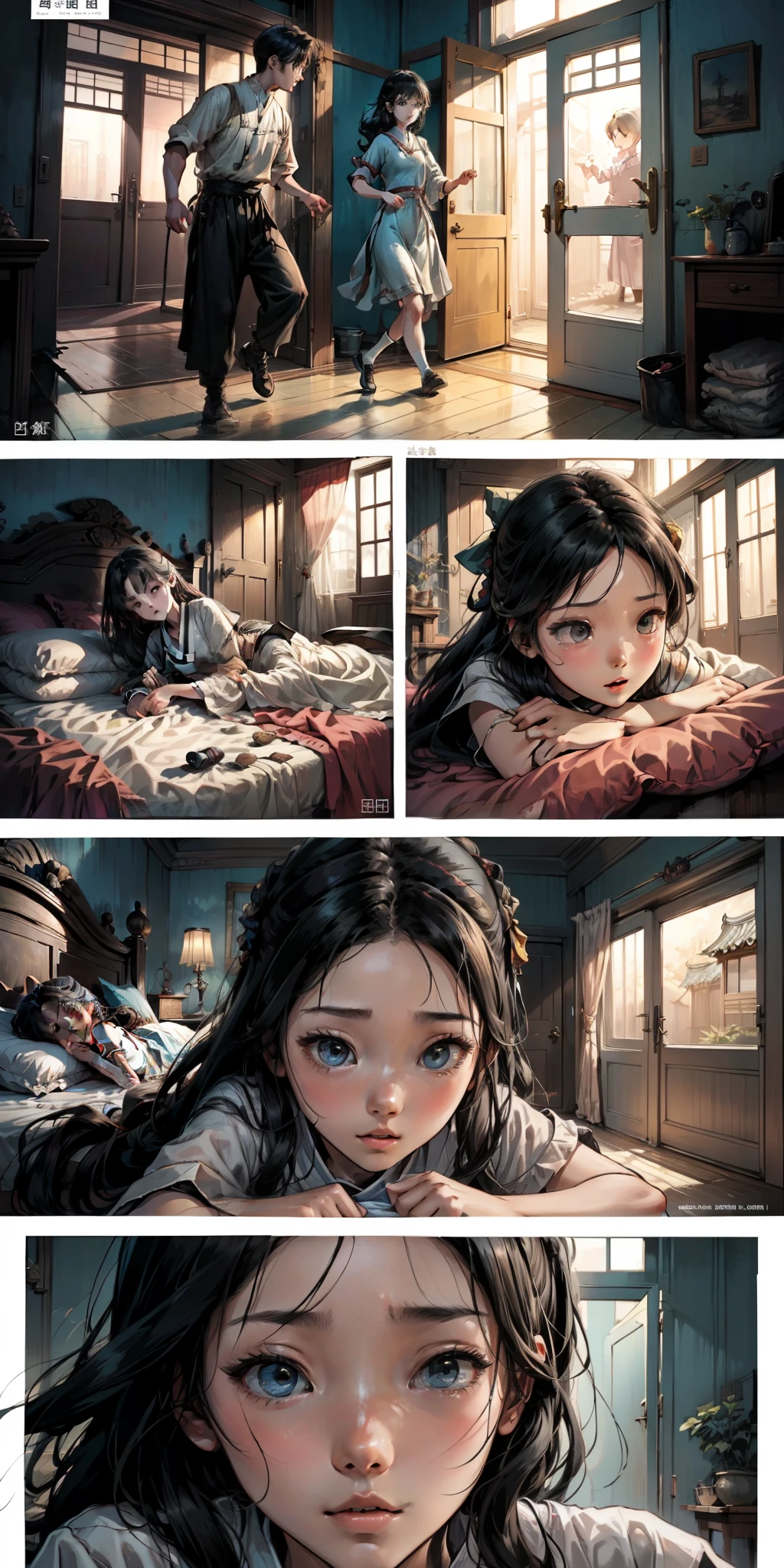 comic strip, The girl opened the door。The girl sees the boy and another woman lying on the bed。The boy panicked。The girl ran away。