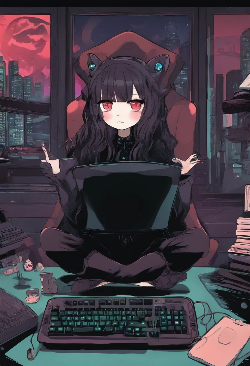 Girl with green eyes black hair blushing white skin on her cheeks sitting in a computer chair in front of a table with a keyboard and mouse screen in a brown red panda bear pajama suit with a red panda bear hat in a room with neon lights facing forward