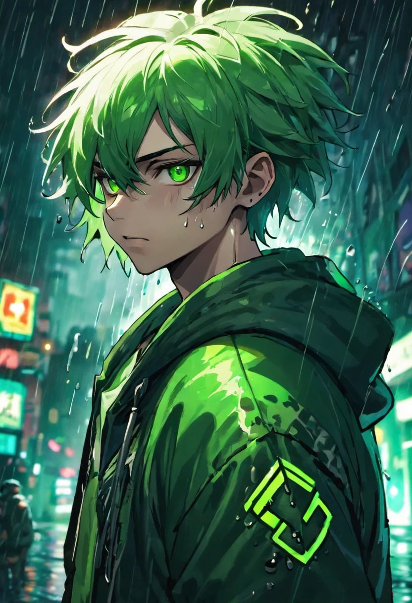 Closeup photograph, confident young cyberpunk man with green and white hair shaggy hair, wearing a hoodie with green and black designs on it, in a rain soaked street at night, photorealistic, cinematic lighting