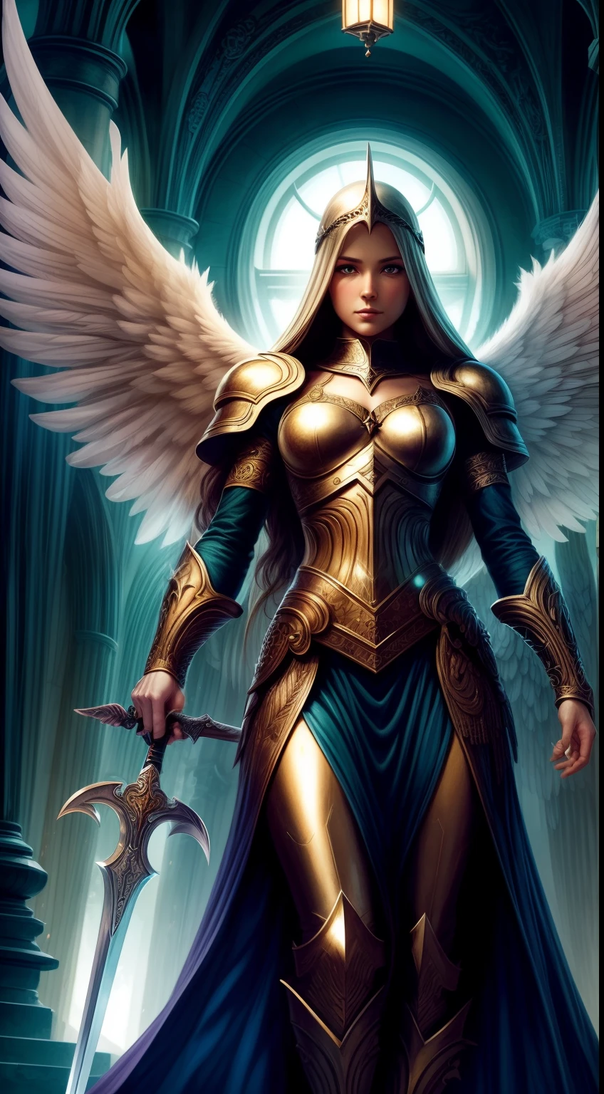 An image of an angel holding a sword, Imagen de perfil de Discord, por Anne Stokes, Discordia PFP, Intimidante armadura de cuerpo completo, The computer gods ascend, Sin alas, usado en armadura de cuero, Equipo de combate futuro, The Angel of Death with a halo, Centinela, PFP, por Jan Nieuwenhuys