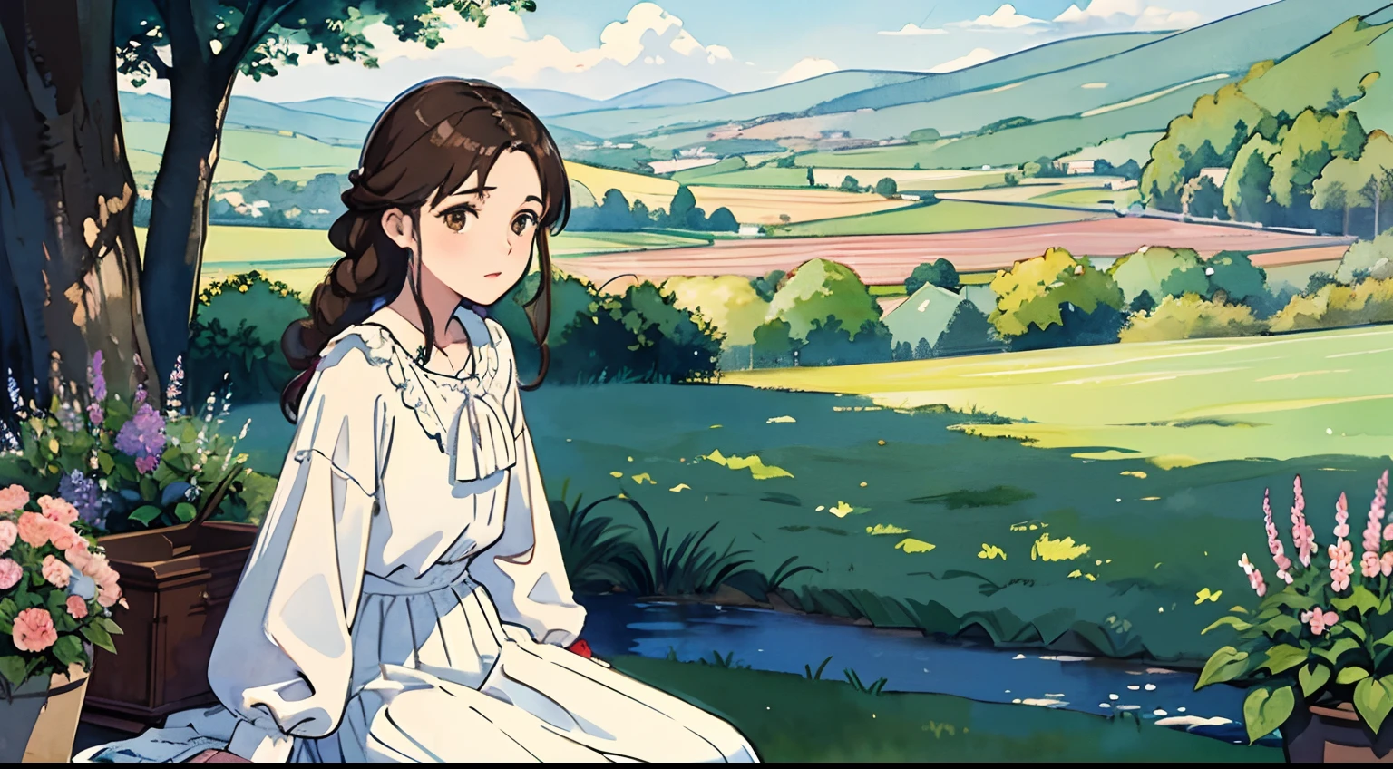 (Watercolor in Sargent style)、(top-quality、masterpiece)、Soft light、View of the Cotswolds,Old farmhouse、rivulets、flower bloom、One lady、dark brown hair、Braided hair、White blouse and long skirt、picnic、sings、troubadour、opera、