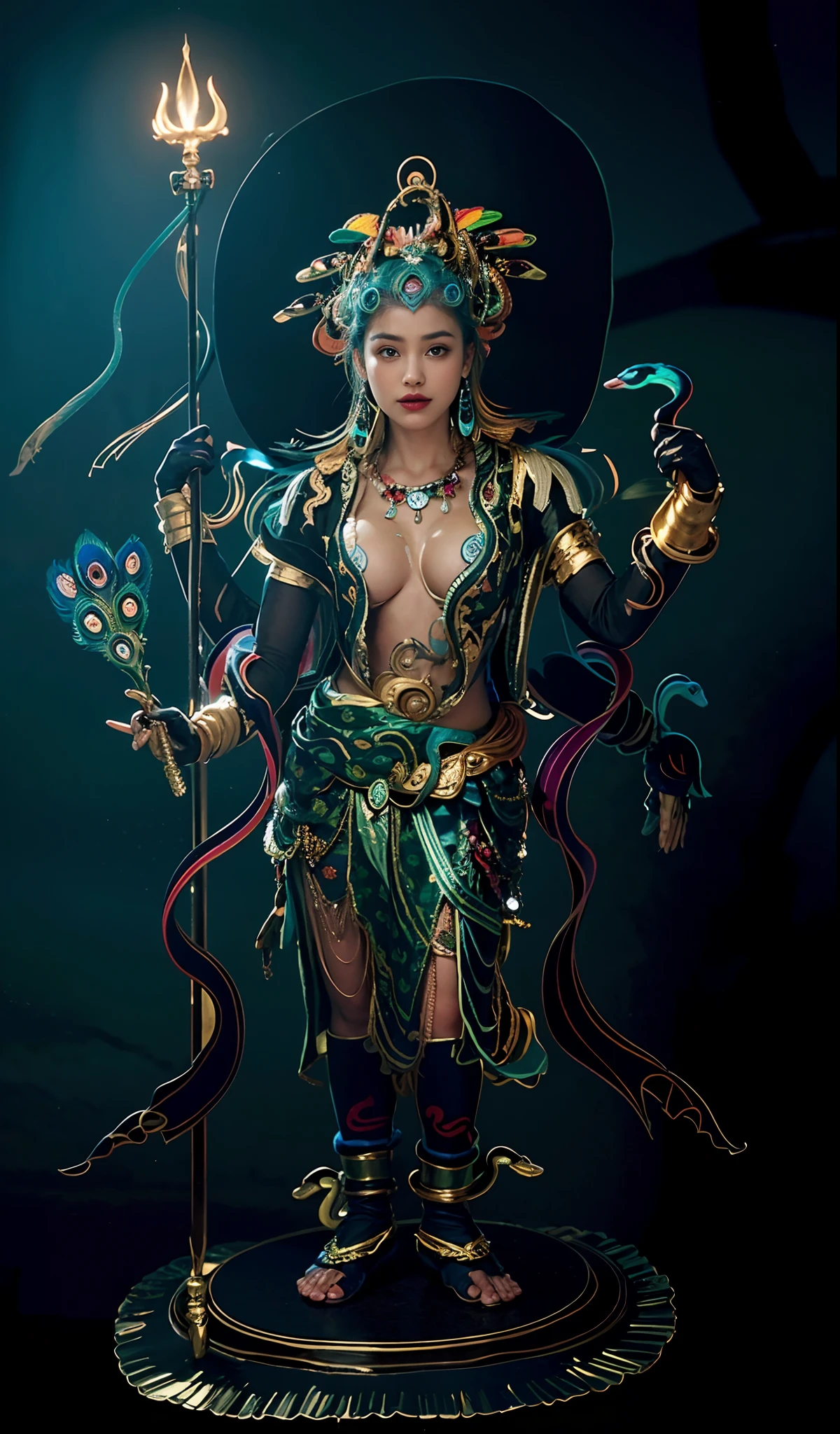 offcial art, (Extremely detailed Cg Unity 8K wallpaper),In the mountains， 1girll，chiquita，kiddy big breasts，flatchest（Human smugglers），（The union of man and snake），Behind the head is a rainbow circle，Solo, Ancient tiger skin skirt, complex pattern, tiger skin skirt, Snake decoration, Peacock fan in hand, arma, shaded_face, contempt, Pretty big breasts， (Photorealistic:1.4), (Masterpiece), (Best quality:1.2)，Light and shadow tracking，Super HD