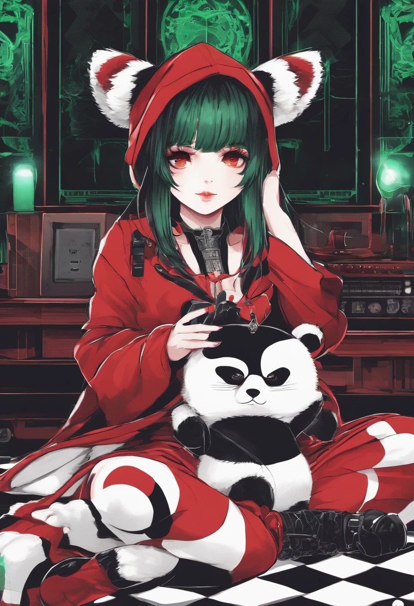 Girl with green eyes red black hair white skin on her cheeks sitting in a computer chair in front of a table with a keyboard and mouse screen in a red brown panda pajama suit with a red panda bear hat in a room with neon lights facing forward