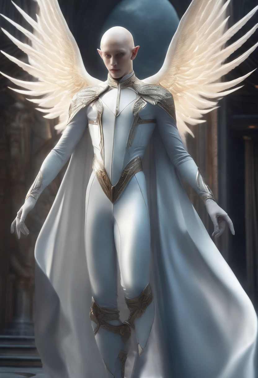 Being of alfacenrauri, tall 2 m 95, slender, with silver or blue overalls, bald, white, albino, half-alien human and elf ear, angelic aspect;