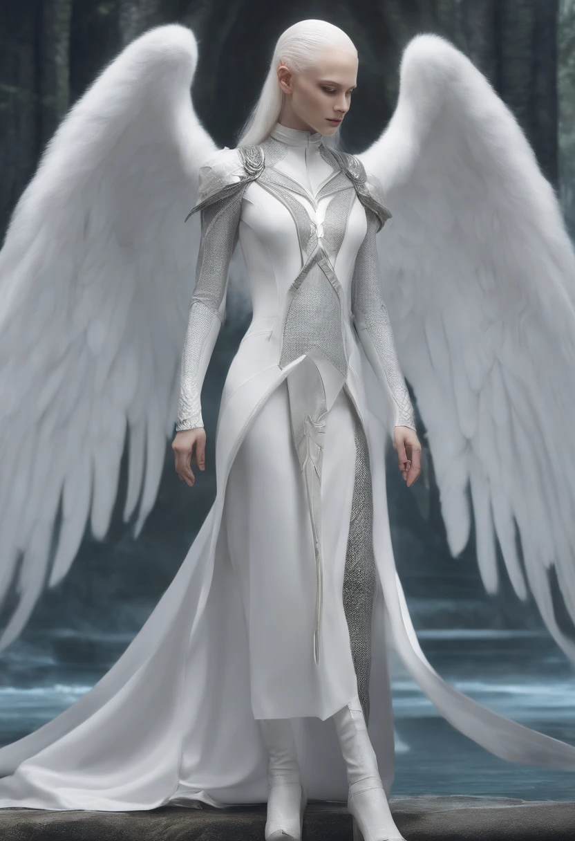 Being of alfacenrauri, tall 2 m 95, slender, with silver or blue overalls, bald, white, albino, half-alien human and elf ear, angelic aspect;