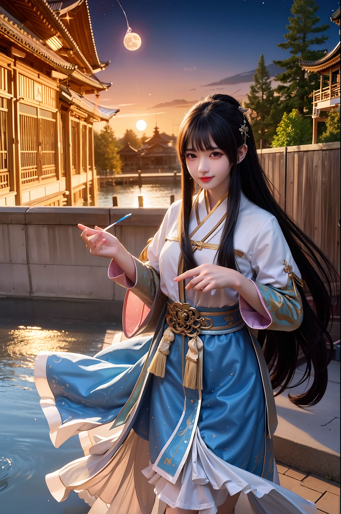 (8k, RAW photo:1.2), best quality, ultra high res,dramatic angle,(fluttered detailed color splashs), (illustration),(((1 girl))),(long hair),(rain:0.9), (头饰:1.4),少女身边有一座古宫,汉服,(重点),彩色水墨画,(泼彩),泼彩,(((colorful))),(素描:0.8) , Masterpiece, best quality, beautiful painted, highly detailed,(denoising:0.6),[splash ink],((ink refraction)), (beautiful detailed sky),moon,highly,detaild,(masterpiece, best quality, extremely detailed） CG unity 8k壁纸，杰作，最好的质量，超详细），（石蒜），