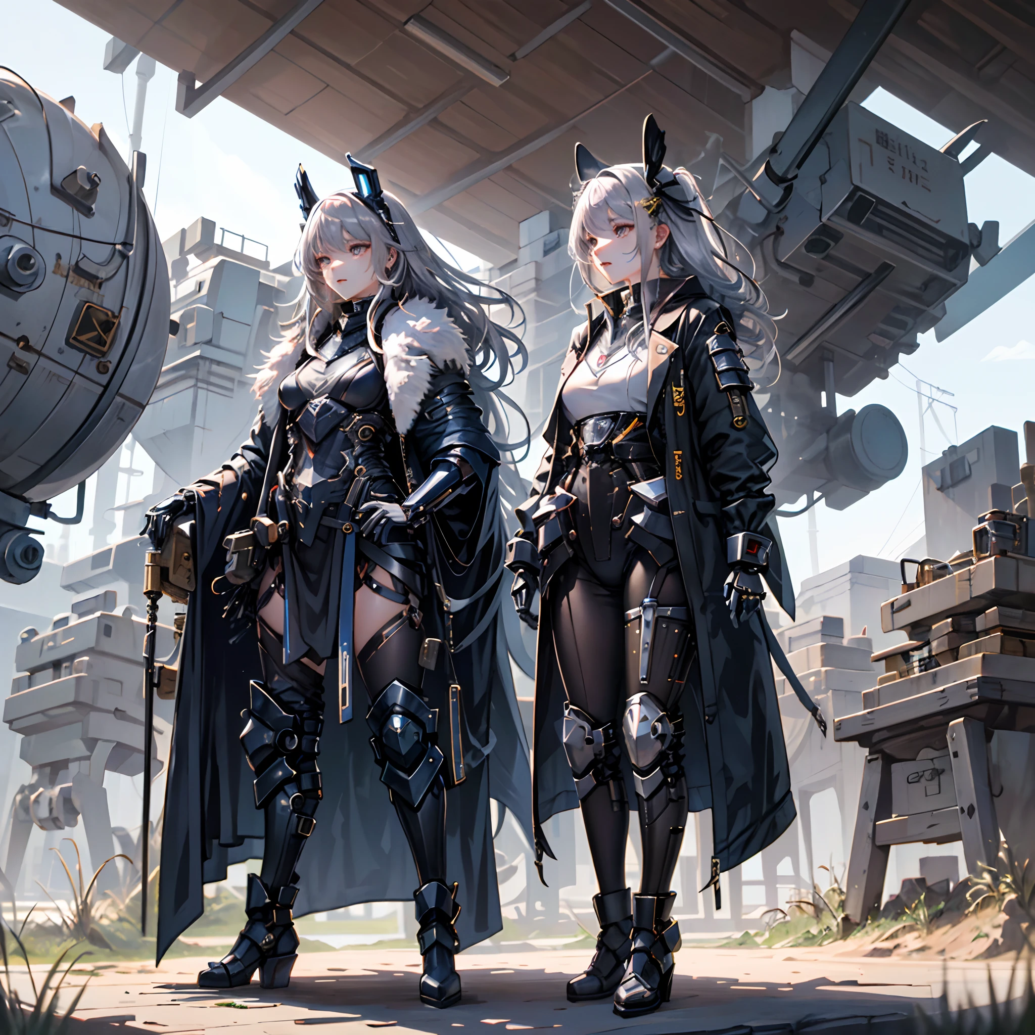 ((highest quality)), ((masterpiece)), (become familiar with), (High resolution), 8K, perfect face、2 women、Two blonde women with cat ears standing side by side、(smile)、expensive、2 blonde cat ears、2. long hair、2. volume hairstyles、big breasts、constricted waist、big ass、glamorous、glamorous、protector、armor、combat uniform、combat boots、Armed、Equipped with large firearms、Posing in front of a tank、cinematic、best shadow、side lighting、NEO TOKYO、(close-up of two people's faces)、(100t hammer)