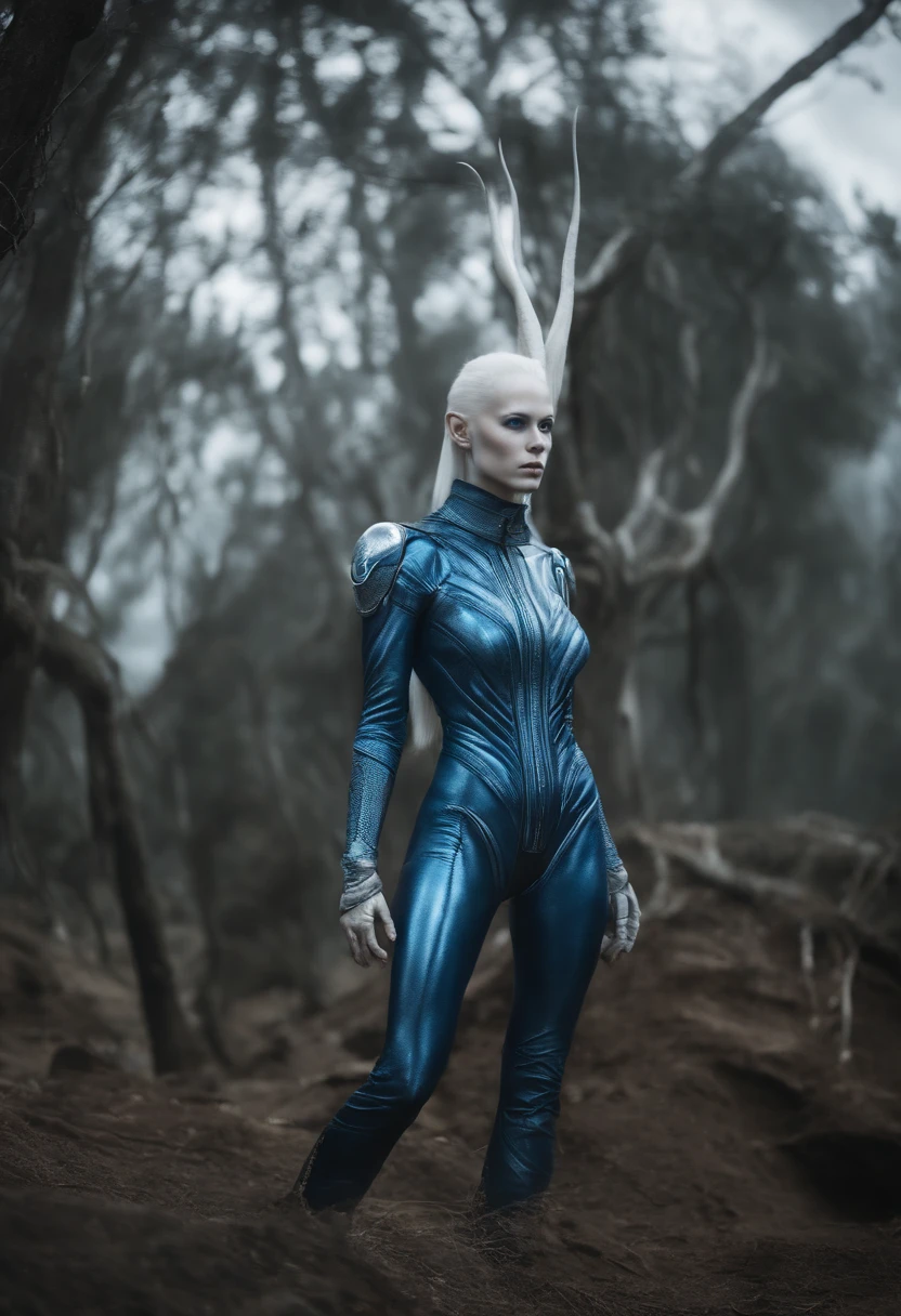 Extraterrestrial being human hybrid of alfacenrauri, altura 2 m 95, delgado, in silver or blue overalls, em breve, Branco, Albino, human ear and half-alien elf, aspecto angelical;