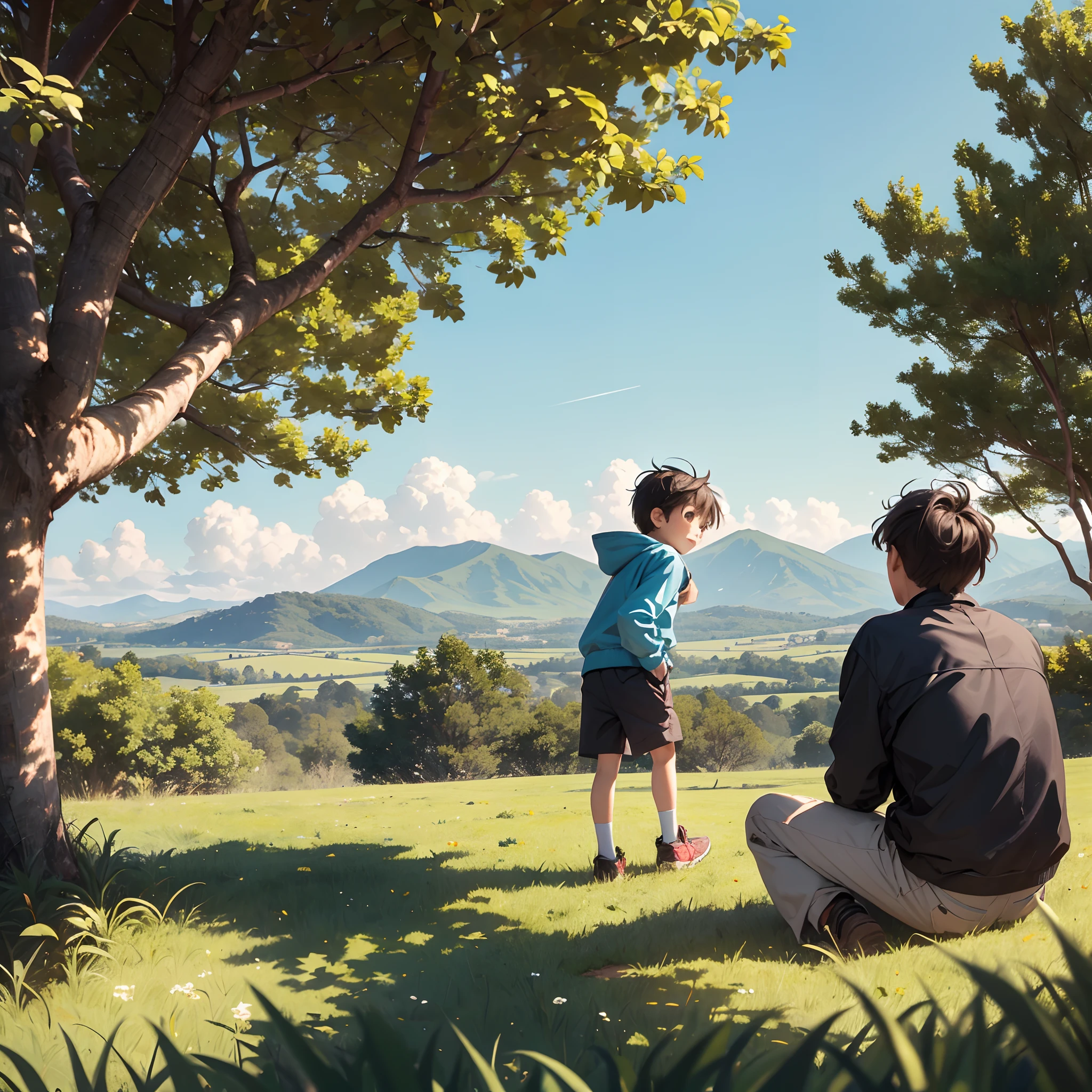 tmasterpiece,Best picture quality,super high image quality,Ultra-high resolution,countryside,uth,1 littern clothing,Young people climb trees,Reach for the nest,Little boy unde,Look up at the people in the trees,Realistic style,Faraway view,in a panoramic view,32k,