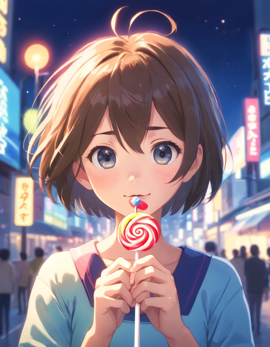 (best quality,ultra-detailed,realistic:1.37),A girl with short hair holding a lollipop covering her face,illustration,pastel colors,stylized lighting,bokeh